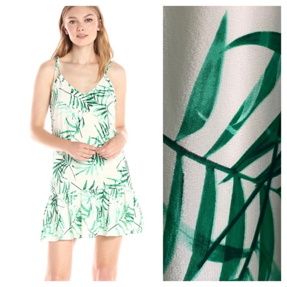 Amanda Uprichard Green White Palm Leaf Silk Odessa Tie Strap Ruffle Dress